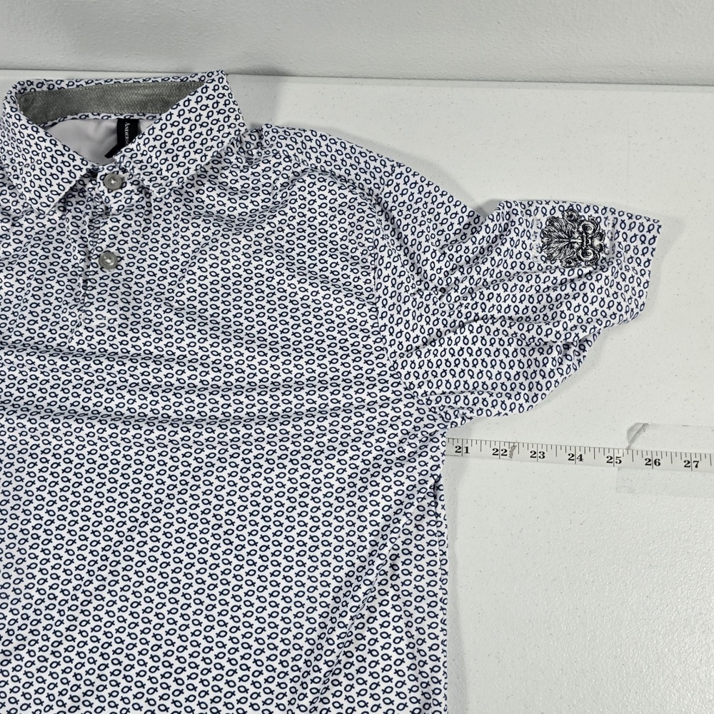 AndersonOrd Mens Performance Golf Polo Shirt Small White Navy Fish Hook Print - Picture 4 of 7